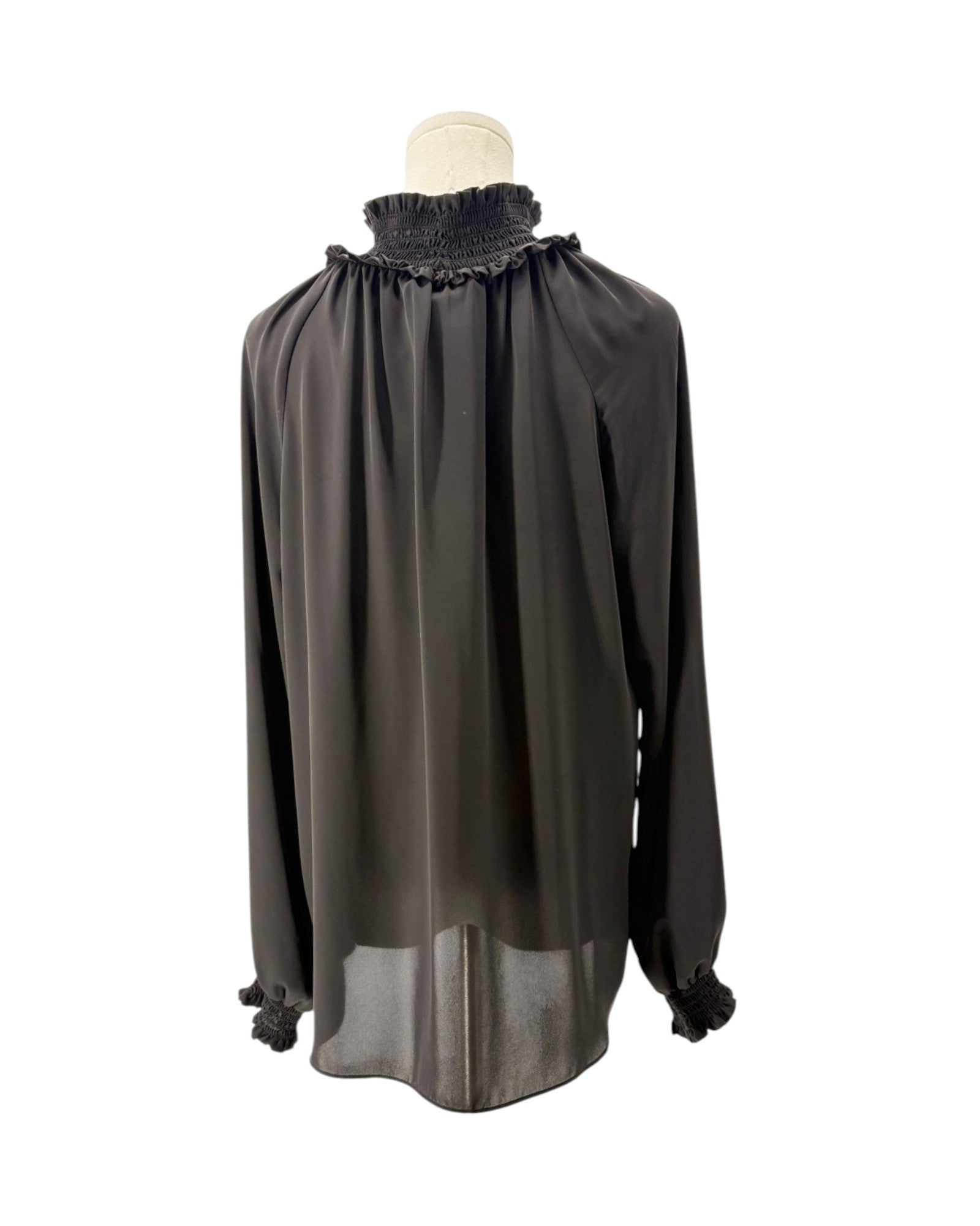 A black sheer long-sleeve blouse with a ruffled mock neck and gathered cuffs, displayed on a mannequin torso against a white background.