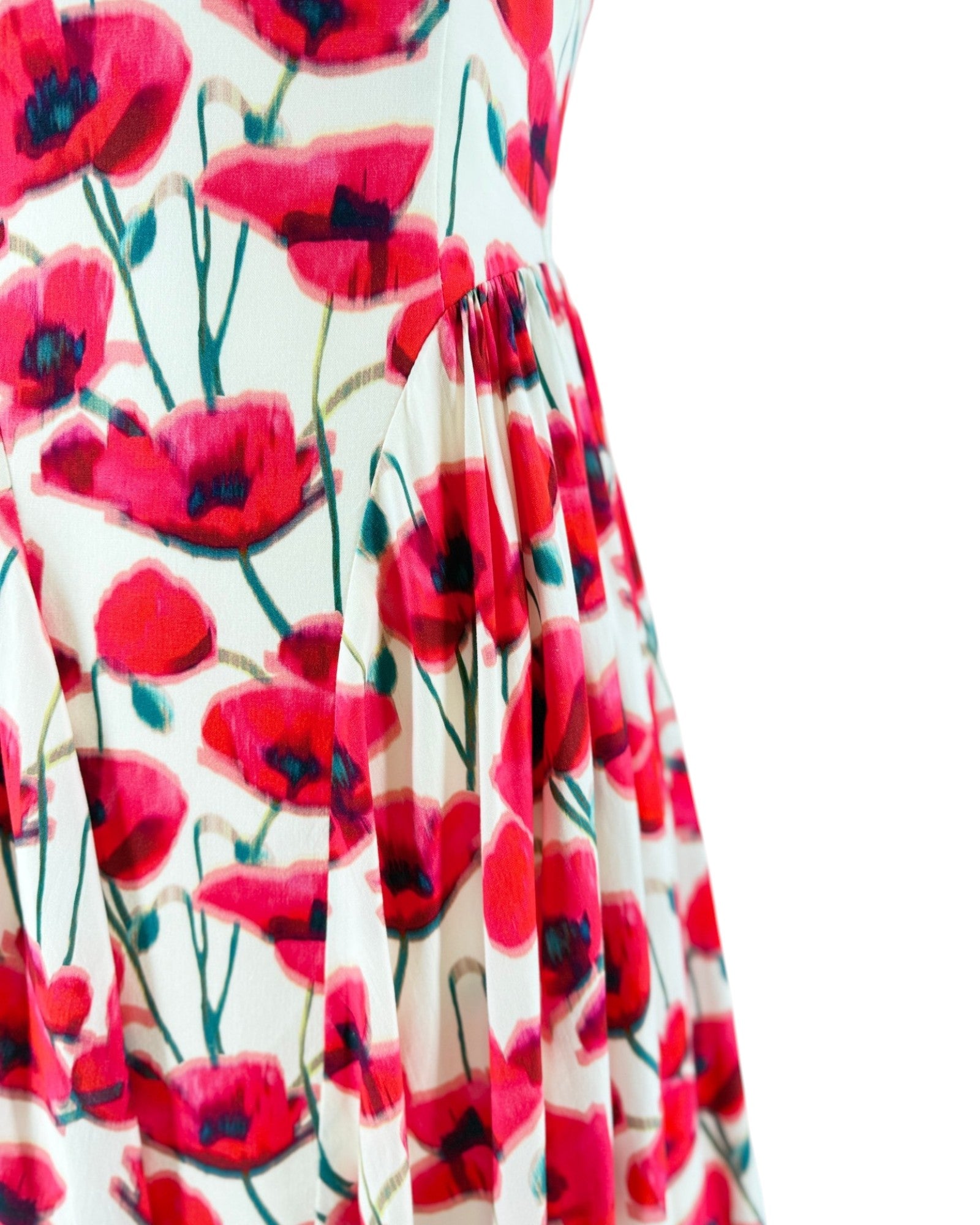 Close-up of a dress with red floral pattern on a white background