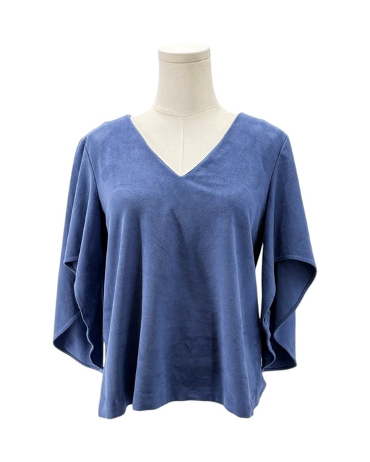 Blue V-neck top on a mannequin against a white background