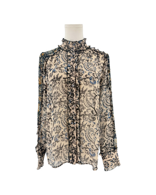 Long sleeve, front button down blouse, paisley and floral block print, ruffle details throughout on a mannequin on a white background