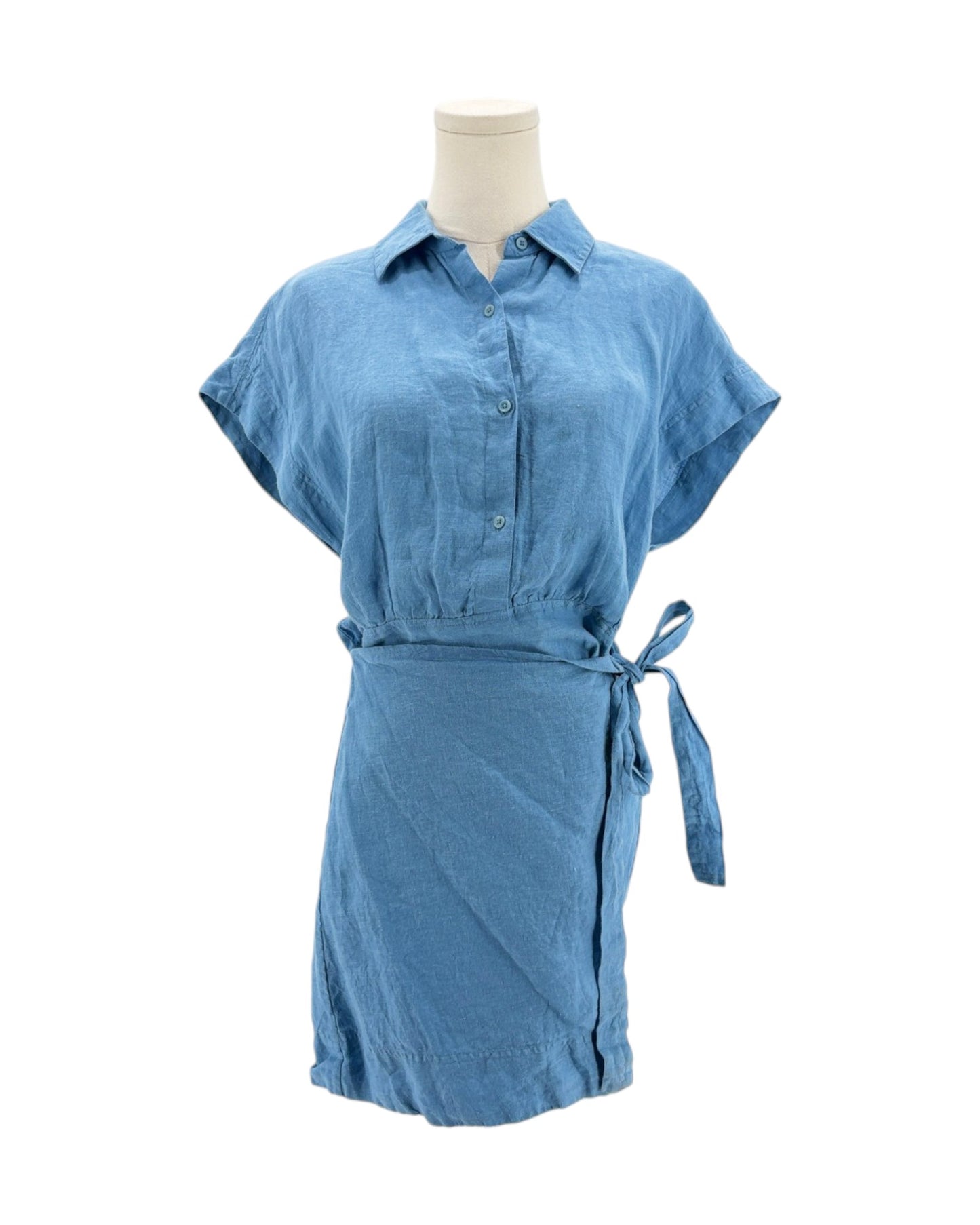 Blue linen mini dress on a mannequin on white background