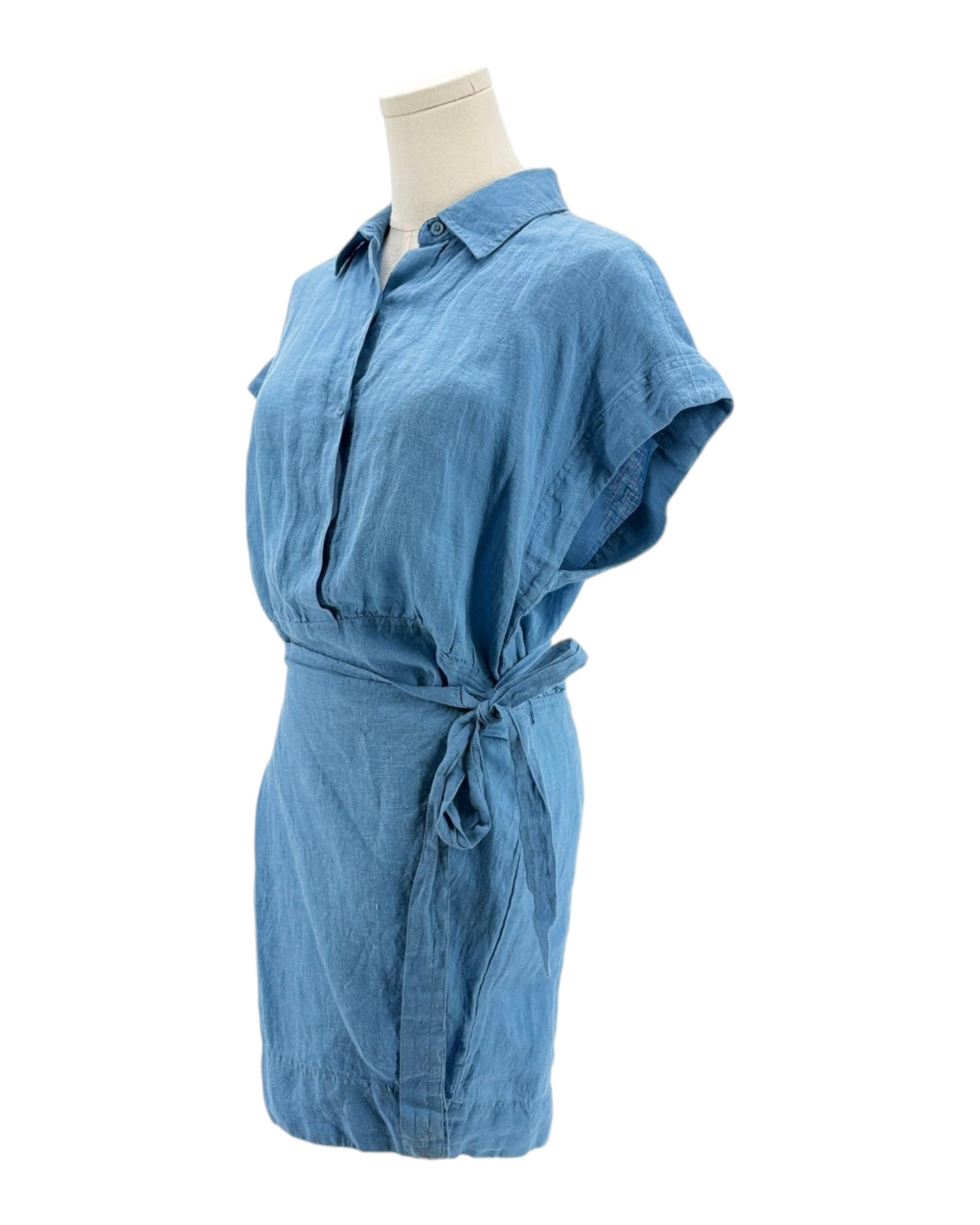 Blue linen mini dress on a mannequin on white background