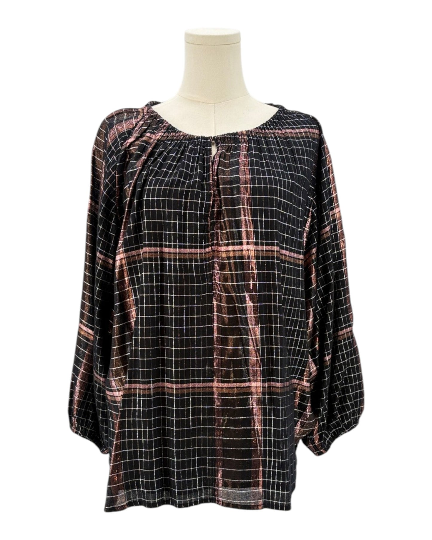 Apiece Apart metallic plaid shirt on a mannequin against a white background