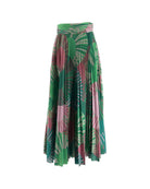 Geometric multicolor pleated maxi skirt on a white background