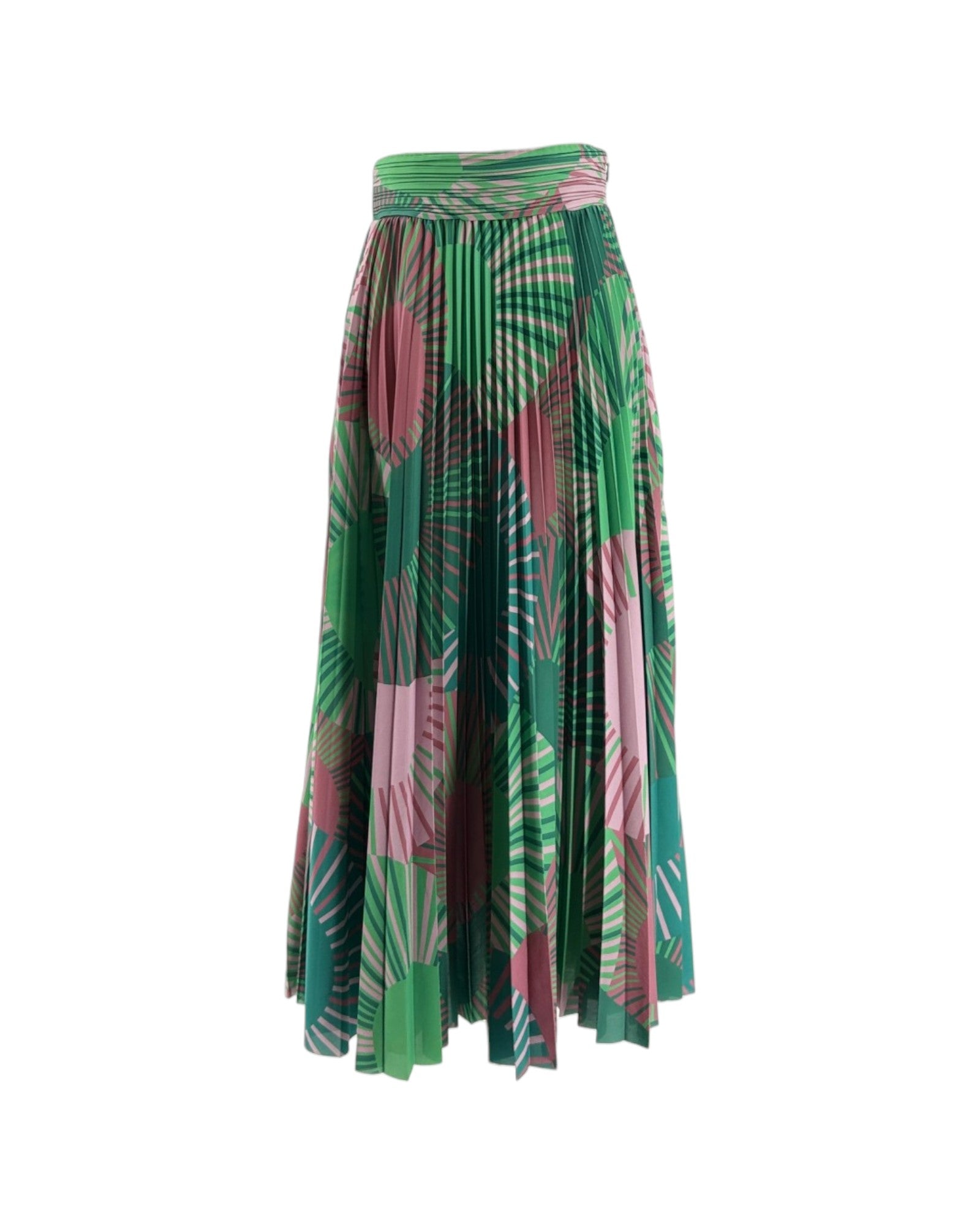 Geometric multicolor pleated maxi skirt on a white background