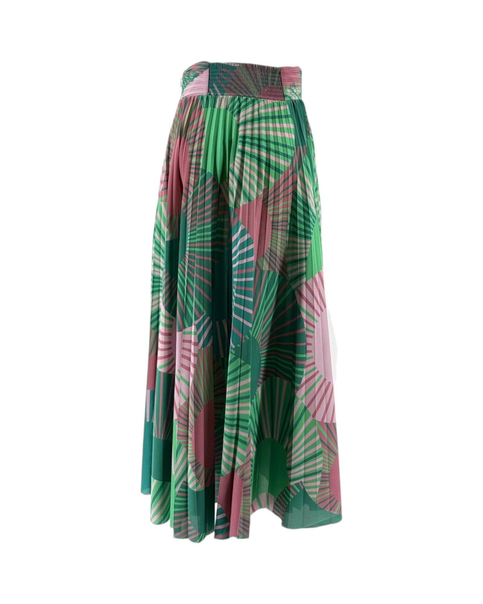 Geometric multicolor pleated maxi skirt on a white background