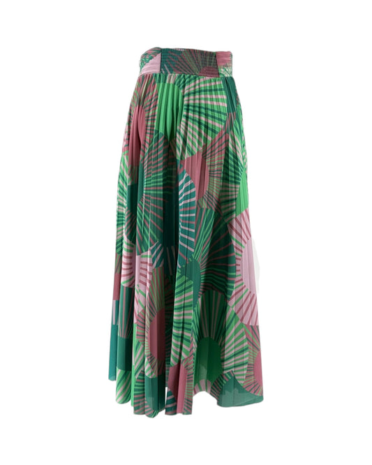 Geometric multicolor pleated maxi skirt on a white background