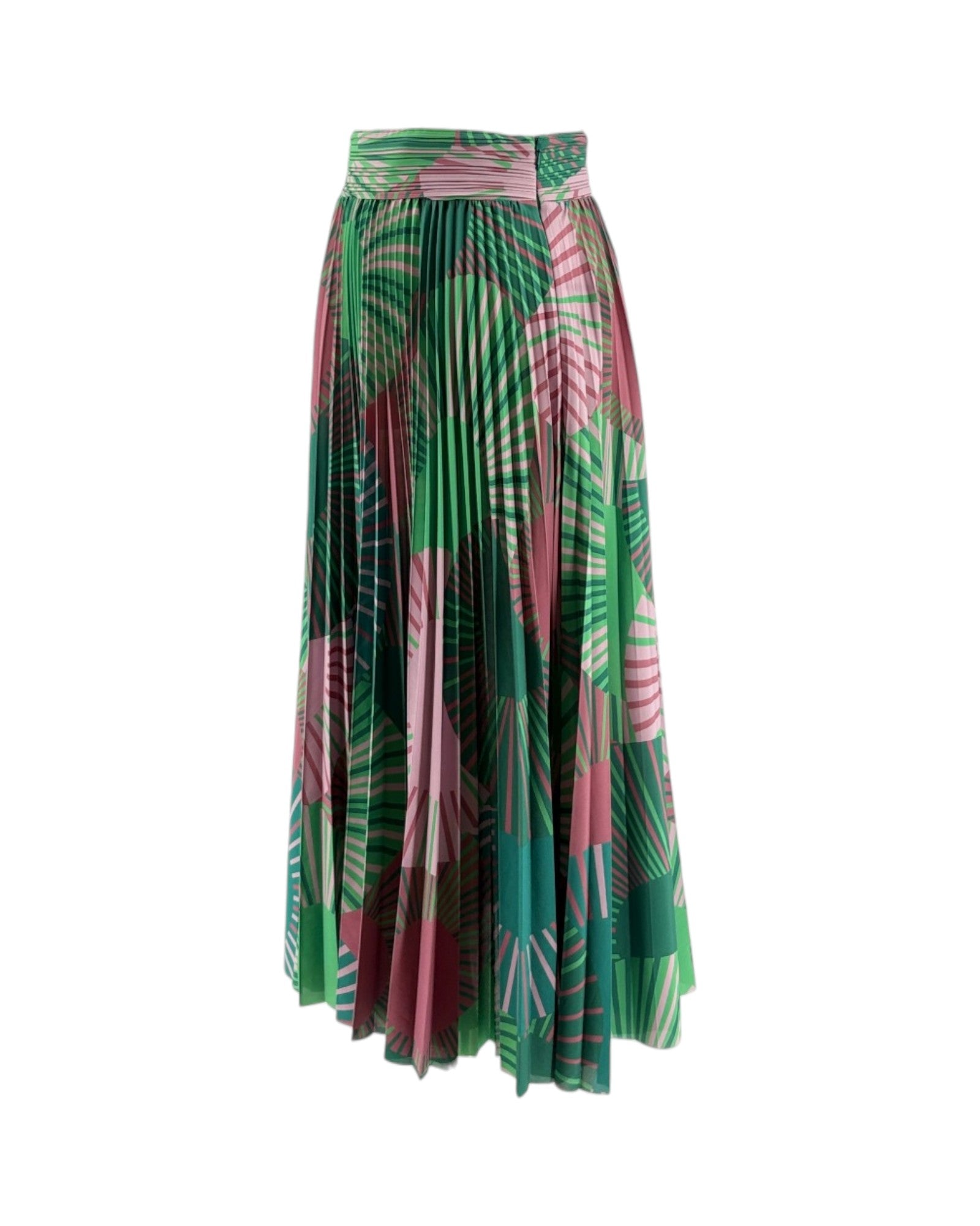 Geometric multicolor pleated maxi skirt on a white background