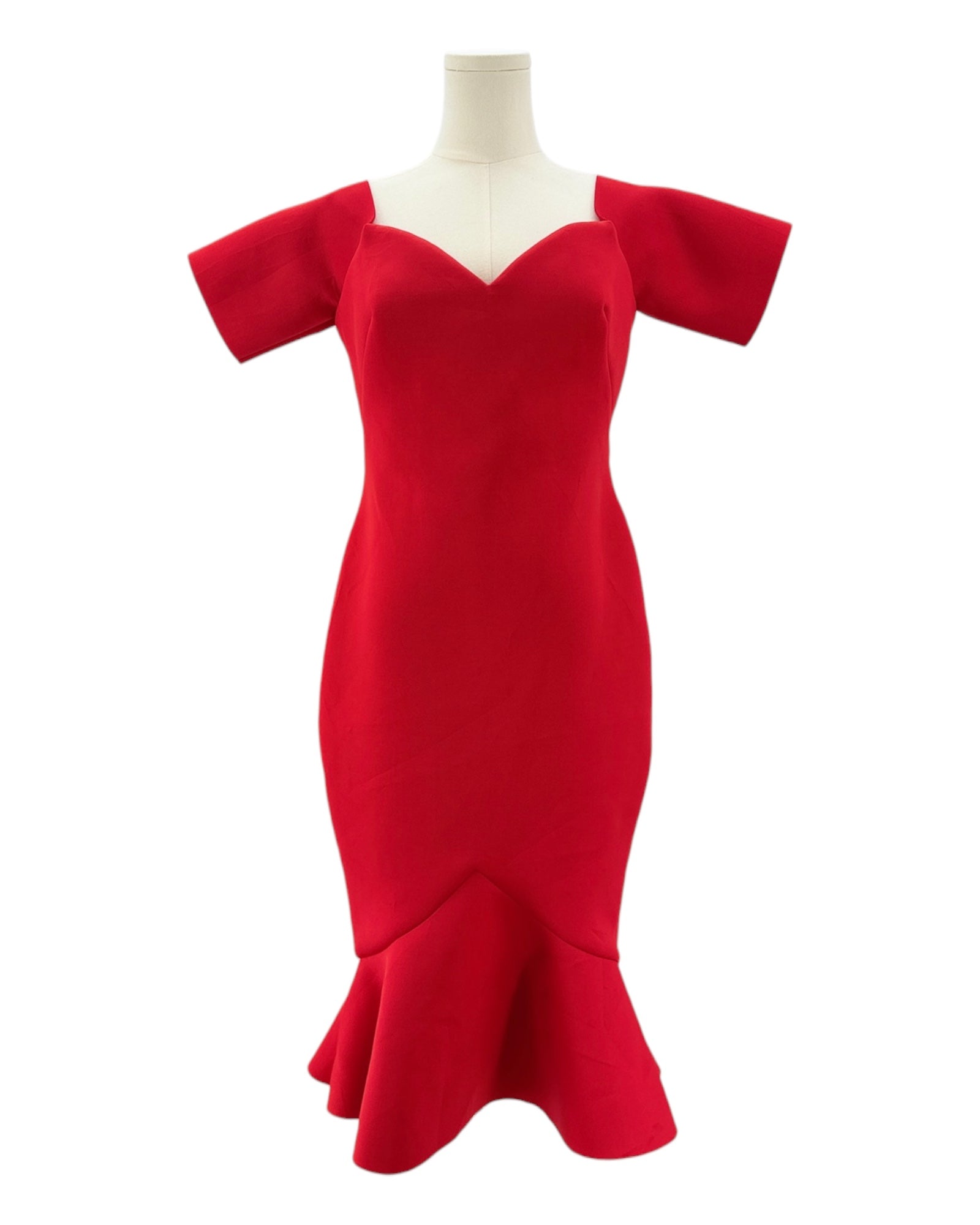 Red off-shoulder dress on a mannequin against a white background