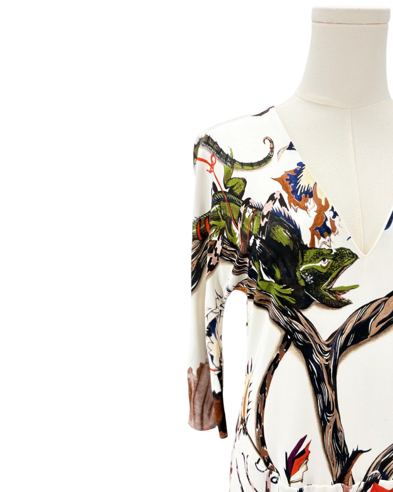 Balenciaga silk floral dress on a mannequin against a white background