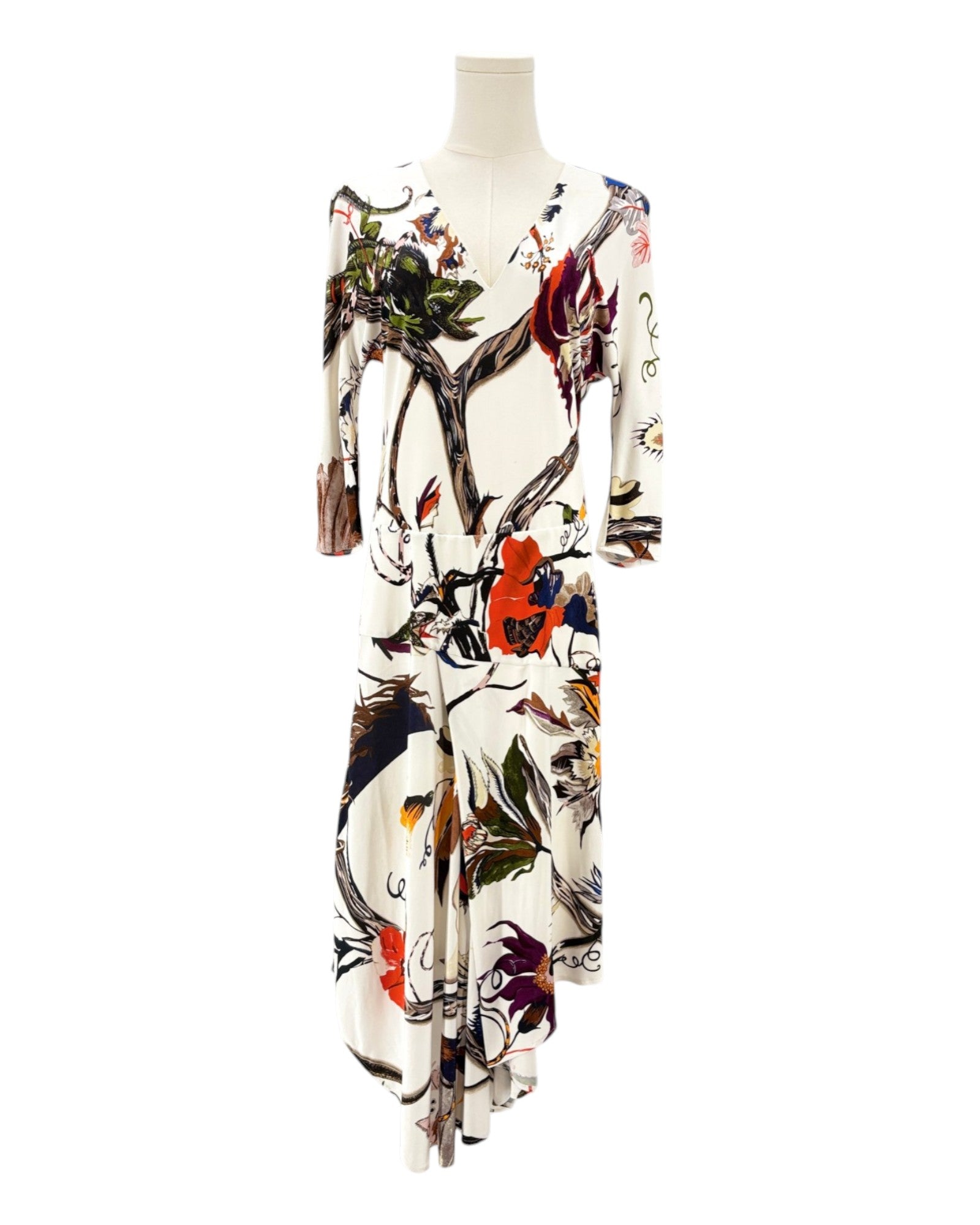 Balenciaga silk floral dress on a mannequin against a white background