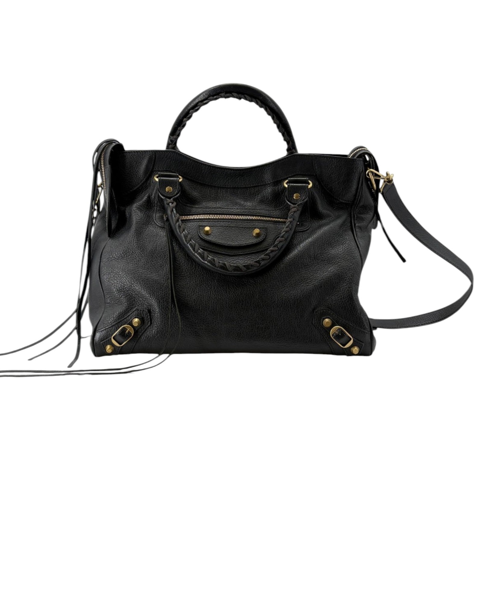 Black handbag with gold hardware on a white background