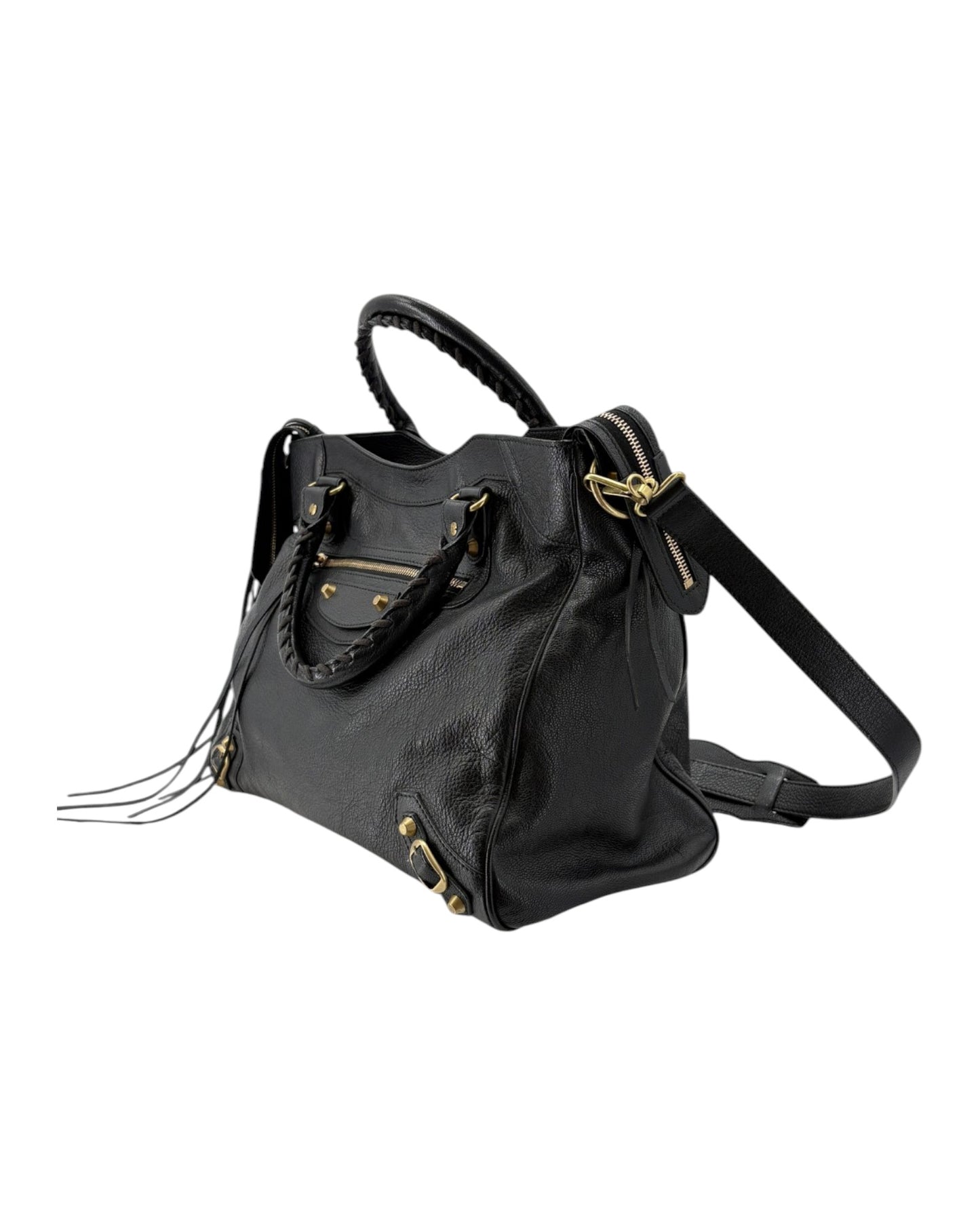 Black leather handbag with gold accents on a white background