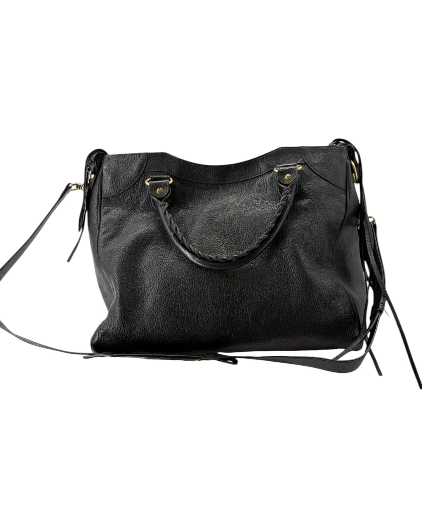 Black leather handbag with a shoulder strap on a white background