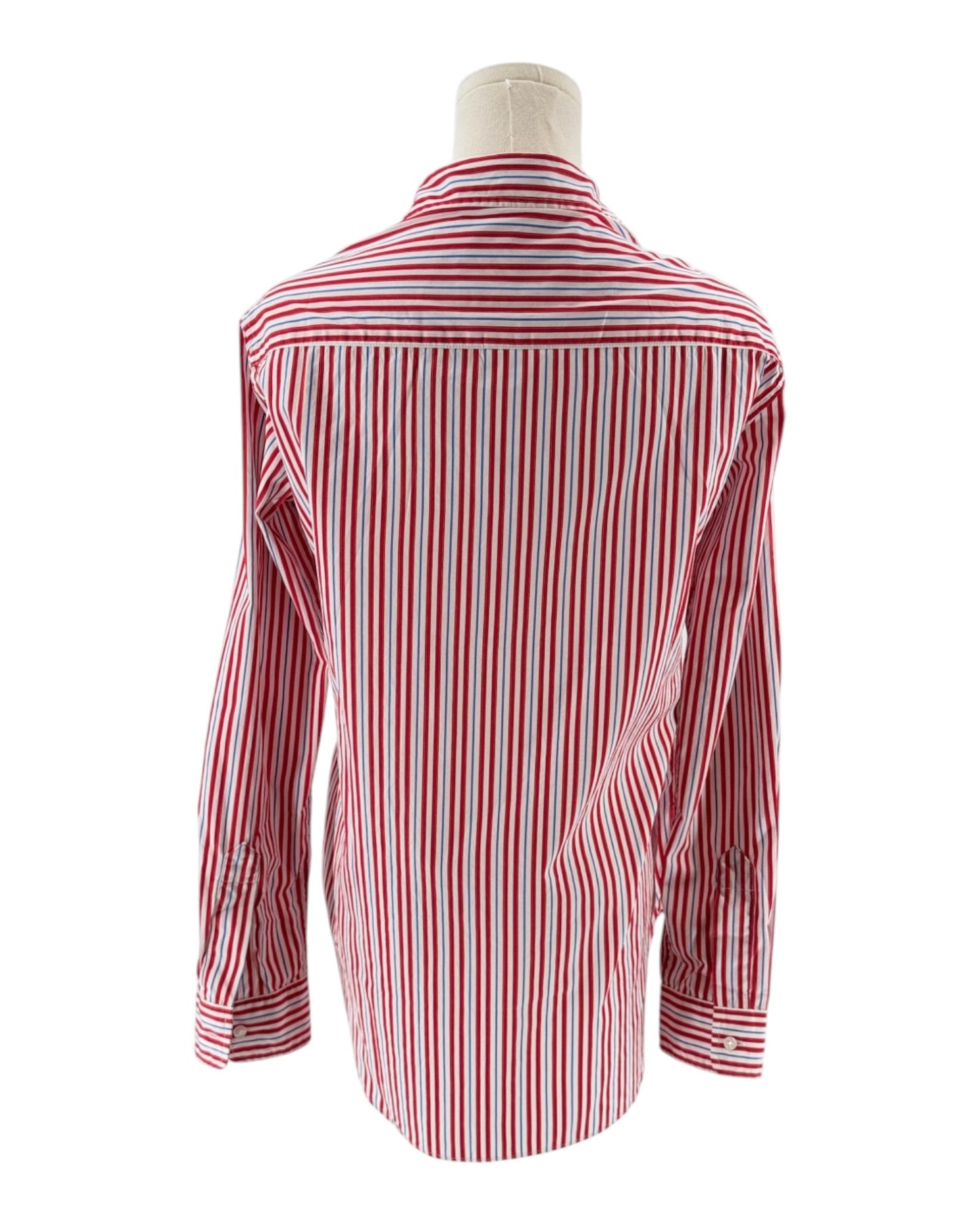 Red and white striped shirt on a mannequin against a white background