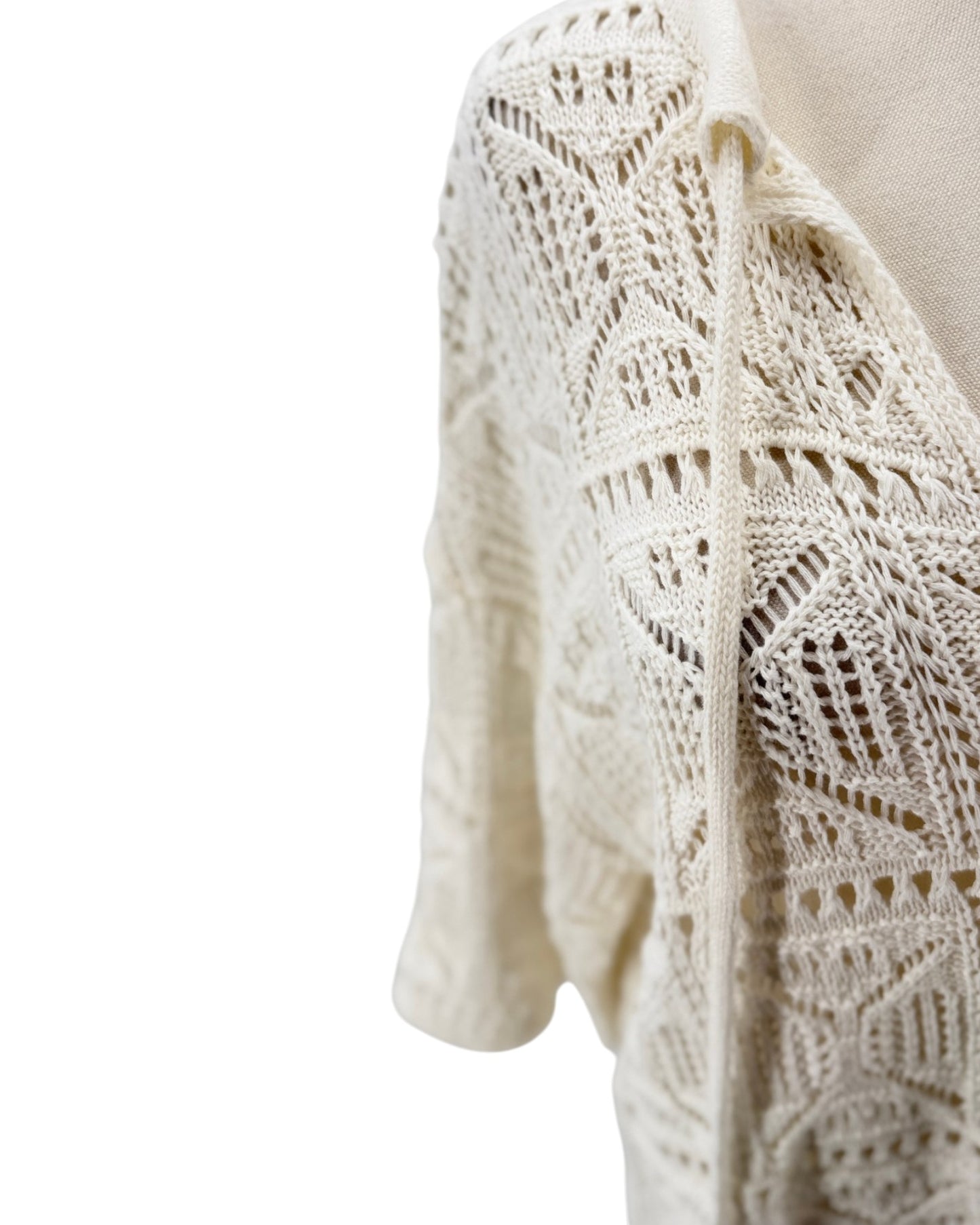 Close-up of a white lace knit cardigan on a white background