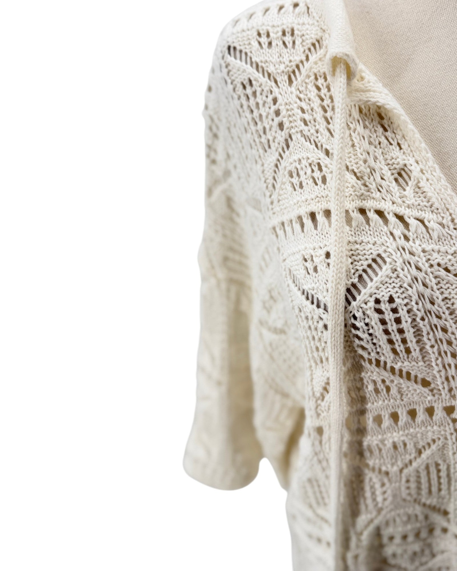 Close-up of a white lace knit cardigan on a white background