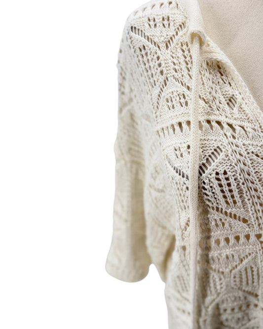 Close-up of a white lace knit cardigan on a white background
