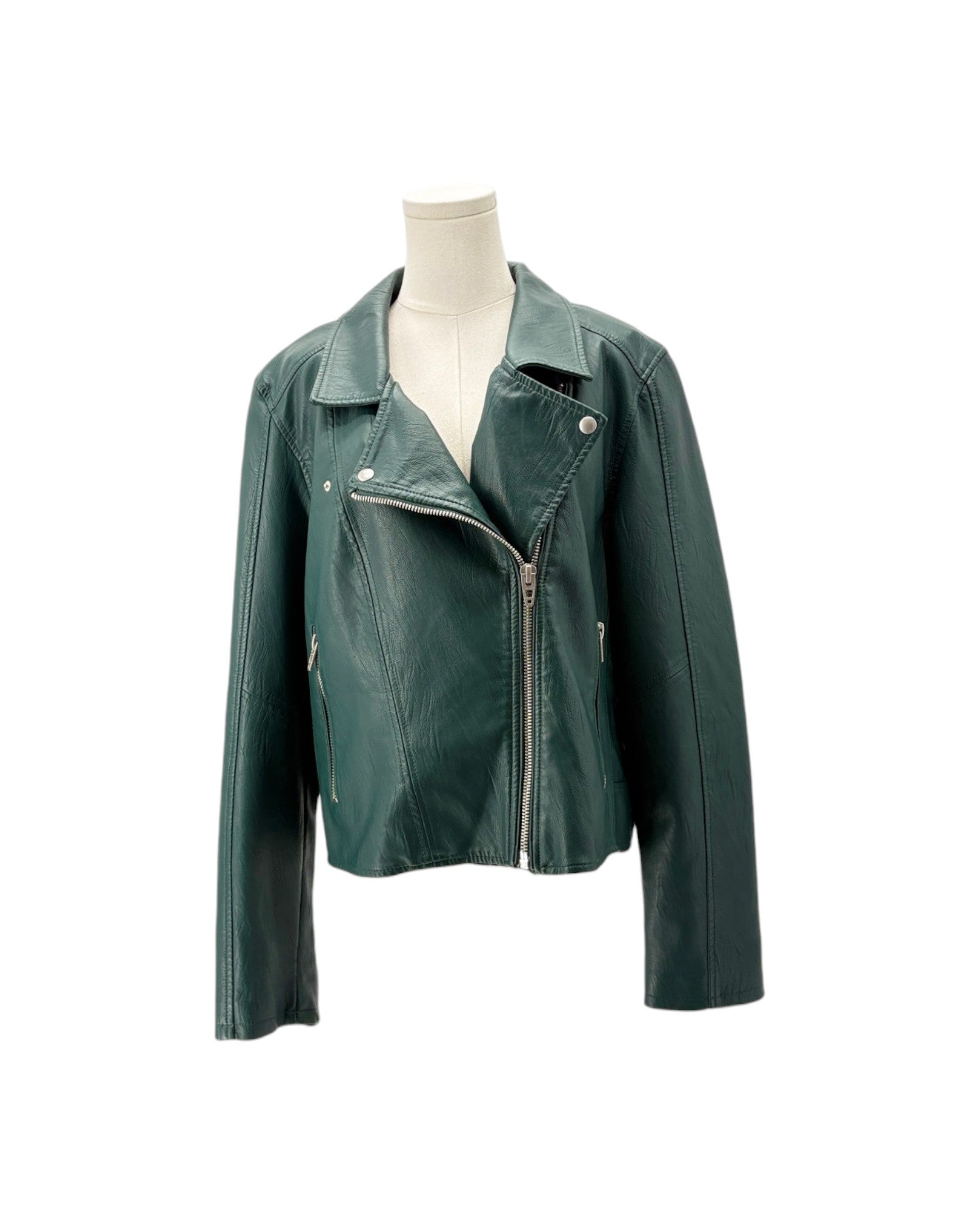 A dark green faux leather motorcycle jacket with an asymmetrical zipper, displayed on a cream mannequin torso against a plain white background.