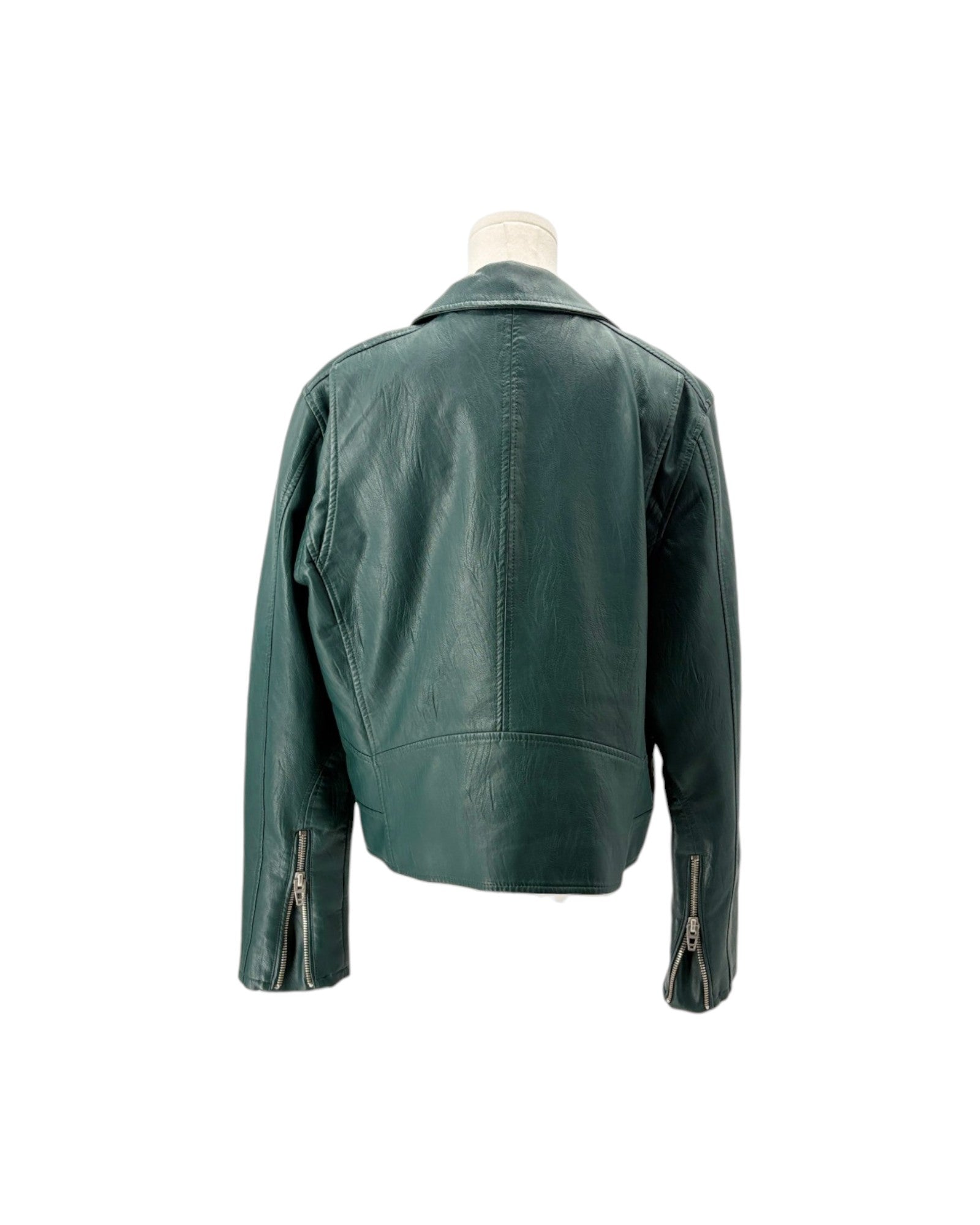 A dark green leather jacket shown from the back on a mannequin torso against a plain white background.