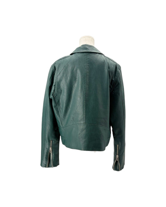 A dark green leather jacket shown from the back on a mannequin torso against a plain white background.