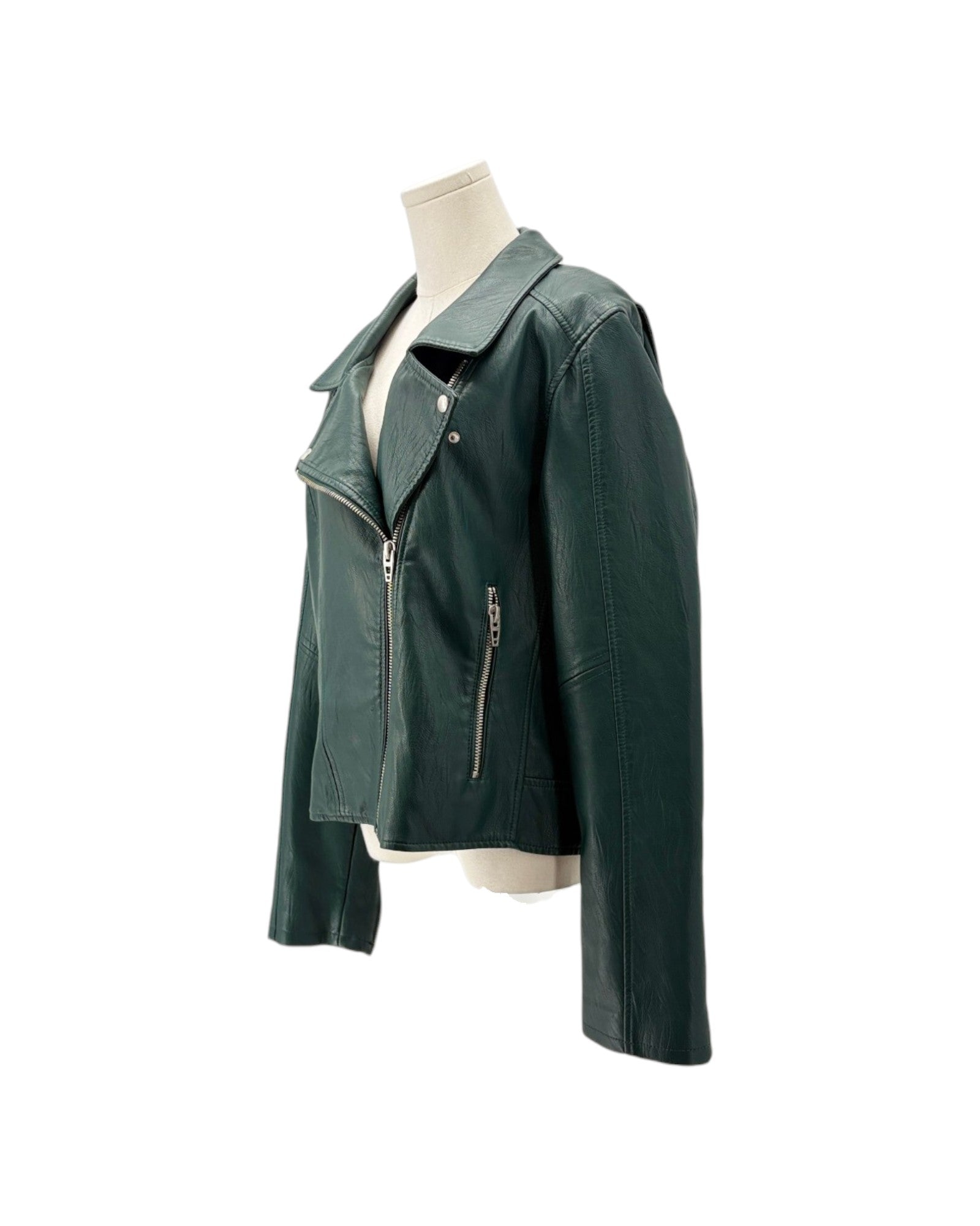 A dark green faux leather biker jacket displayed on a cream mannequin torso against a plain white background.