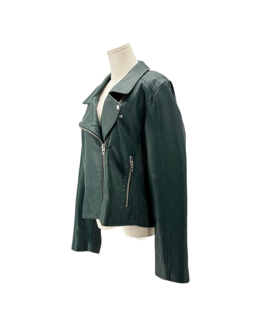 A dark green faux leather biker jacket displayed on a cream mannequin torso against a plain white background.