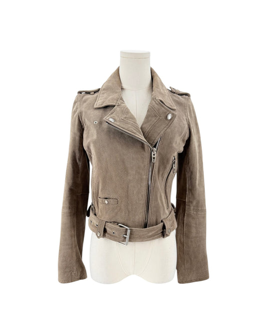 A taupe-brown suede motorcycle jacket displayed on a cream mannequin torso against a plain white background.