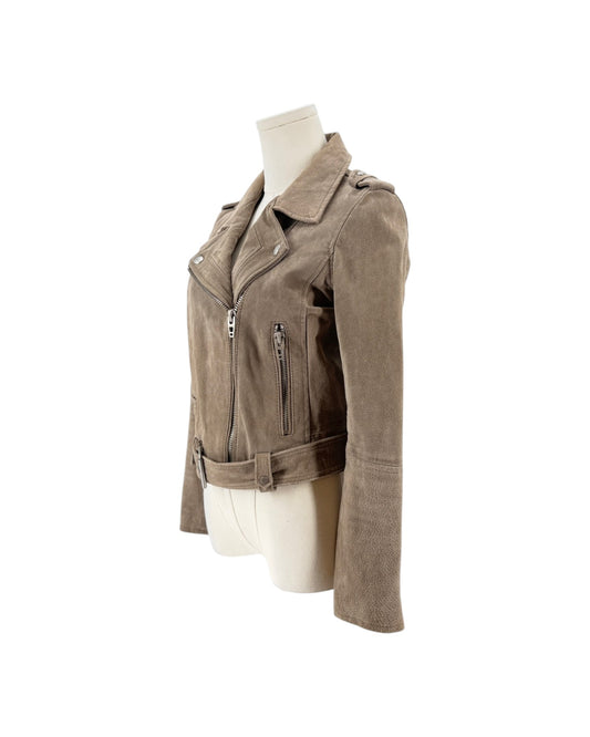 A taupe-brown faux suede moto jacket displayed on a cream mannequin torso against a plain white background.