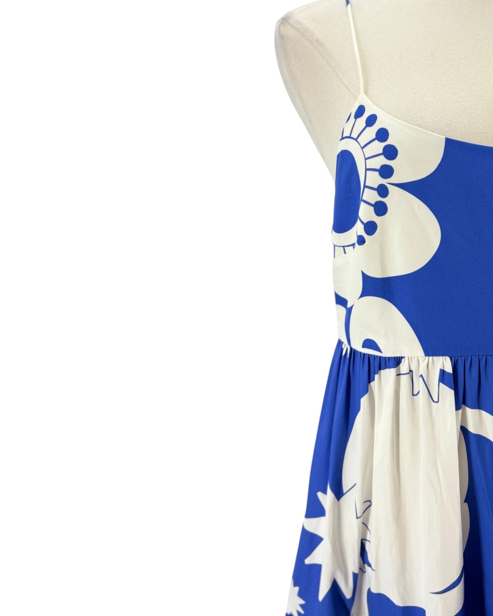 Blue and white floral dress on a mannequin against a white background