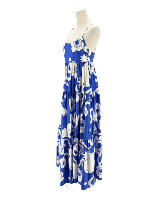 Blue and white floral dress on a mannequin against a white background