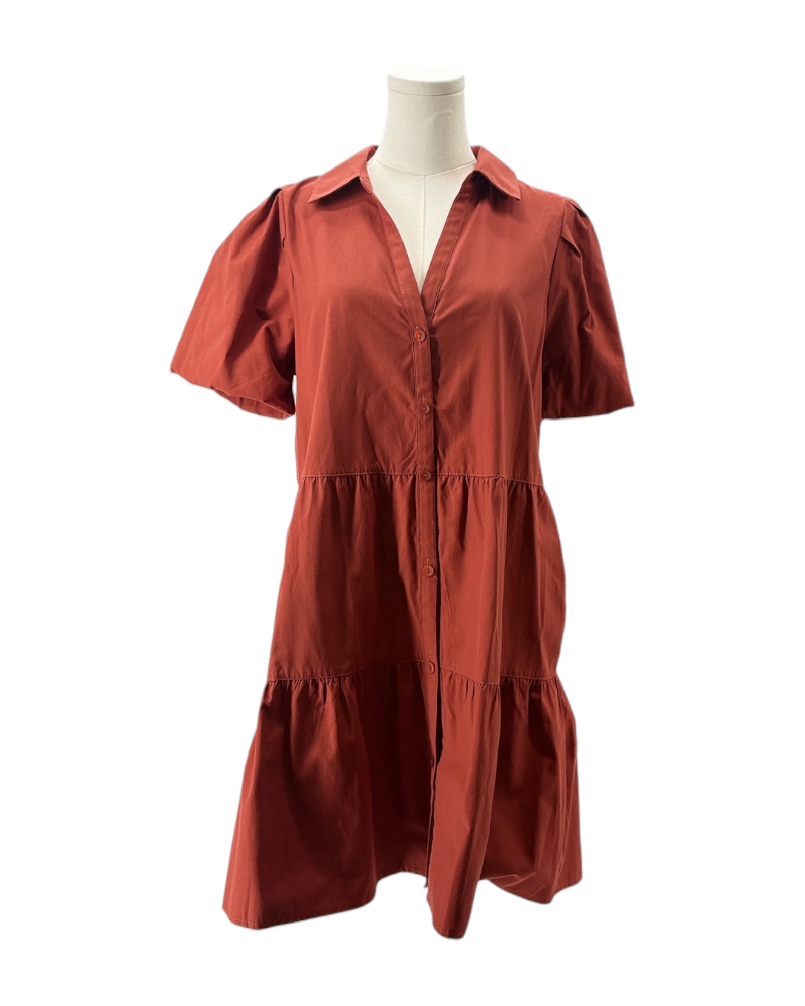 Burnt orange dress on a mannequin against a white background