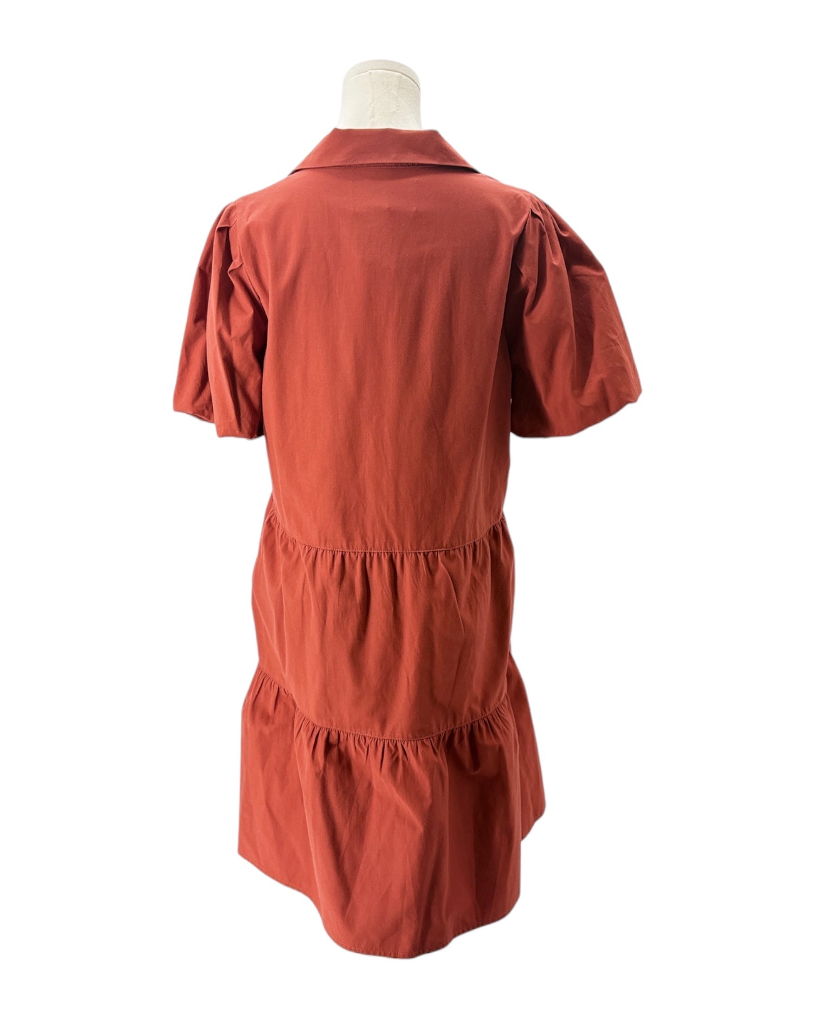 Burnt Orange dress on a mannequin against a white background