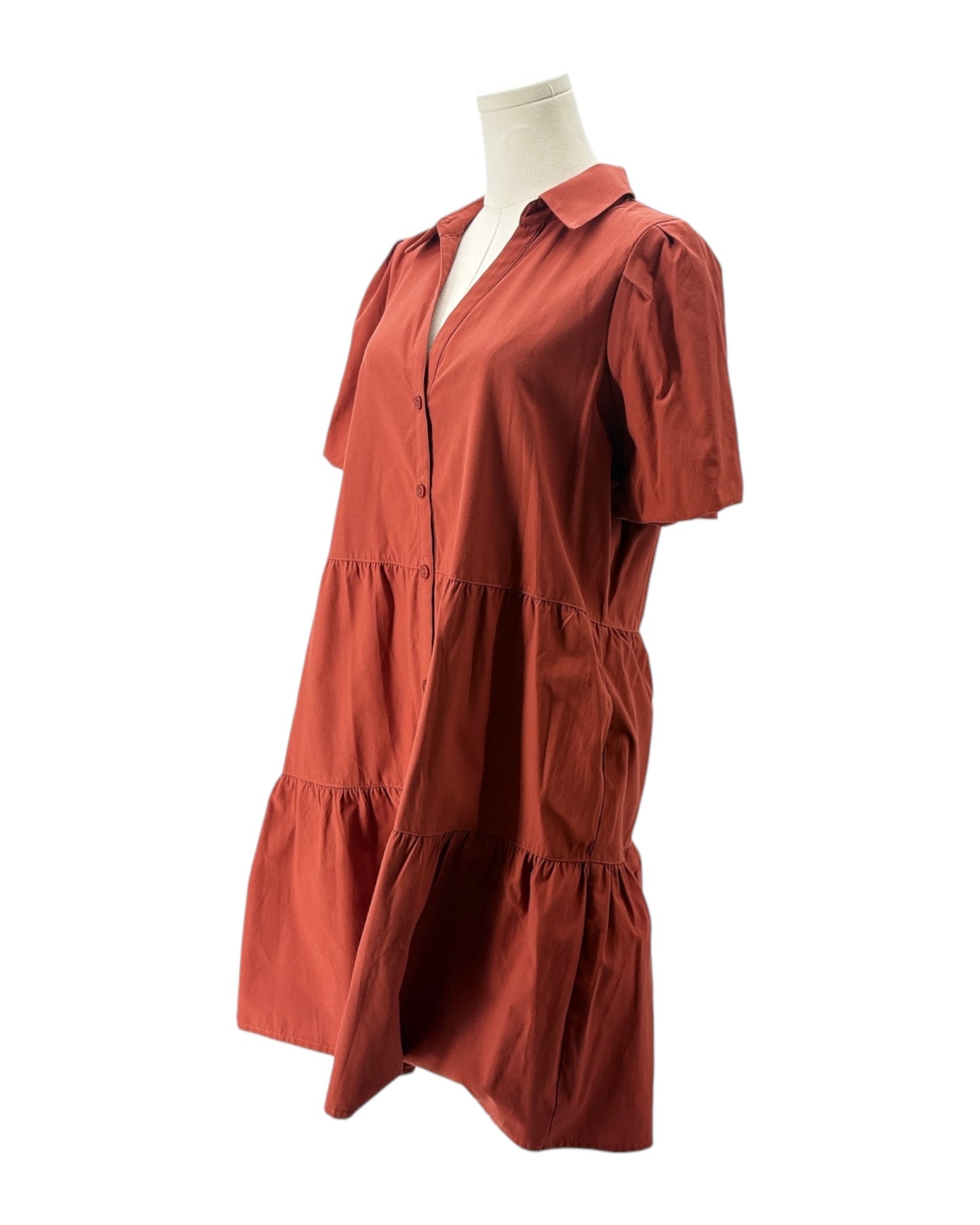 Burnt Orange dress on a mannequin against a white background