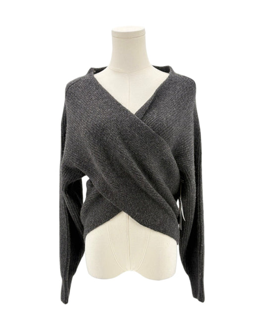 Gray wrap-style sweater on a mannequin against a white background