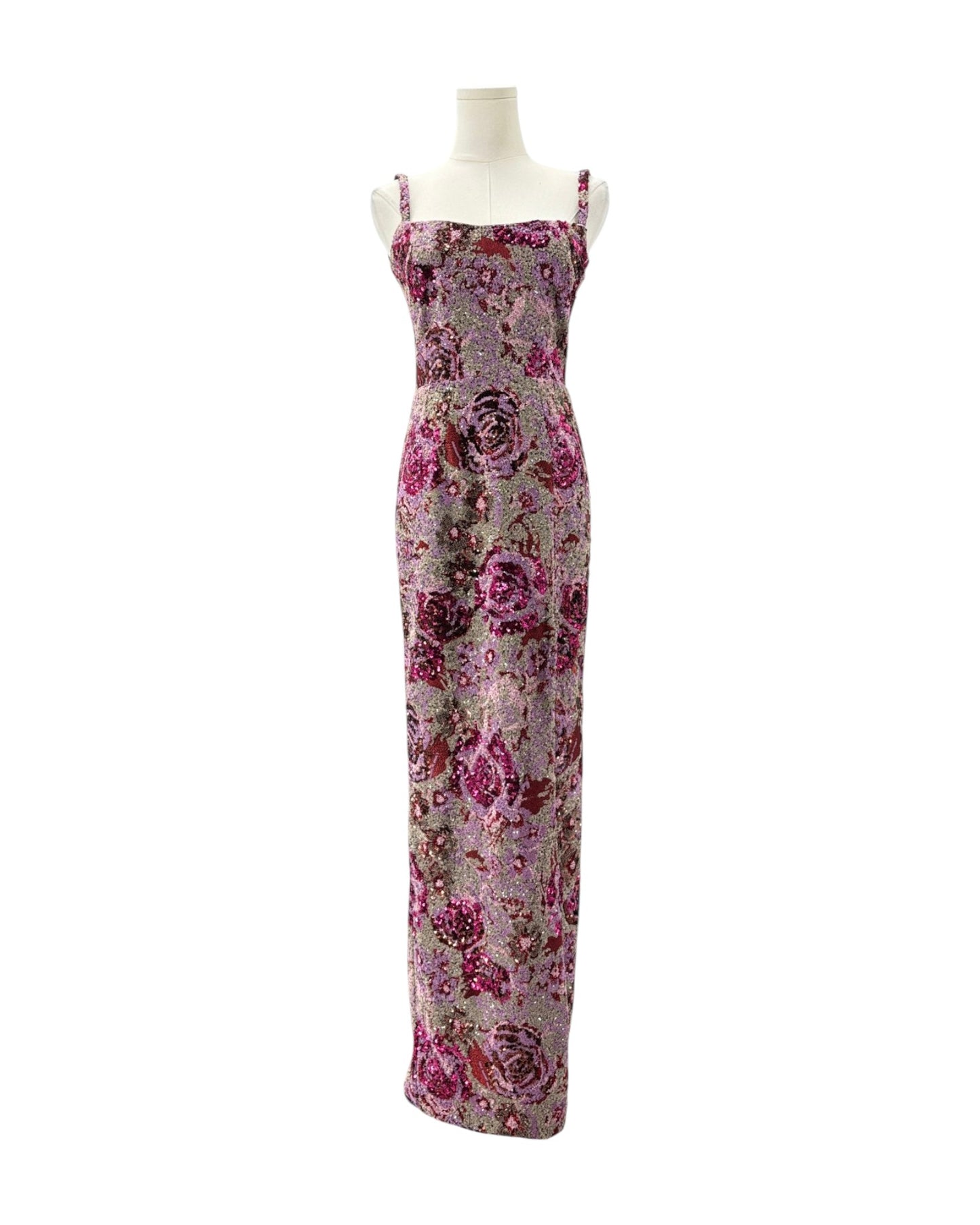 Pink and purple sequin max dress on a white background