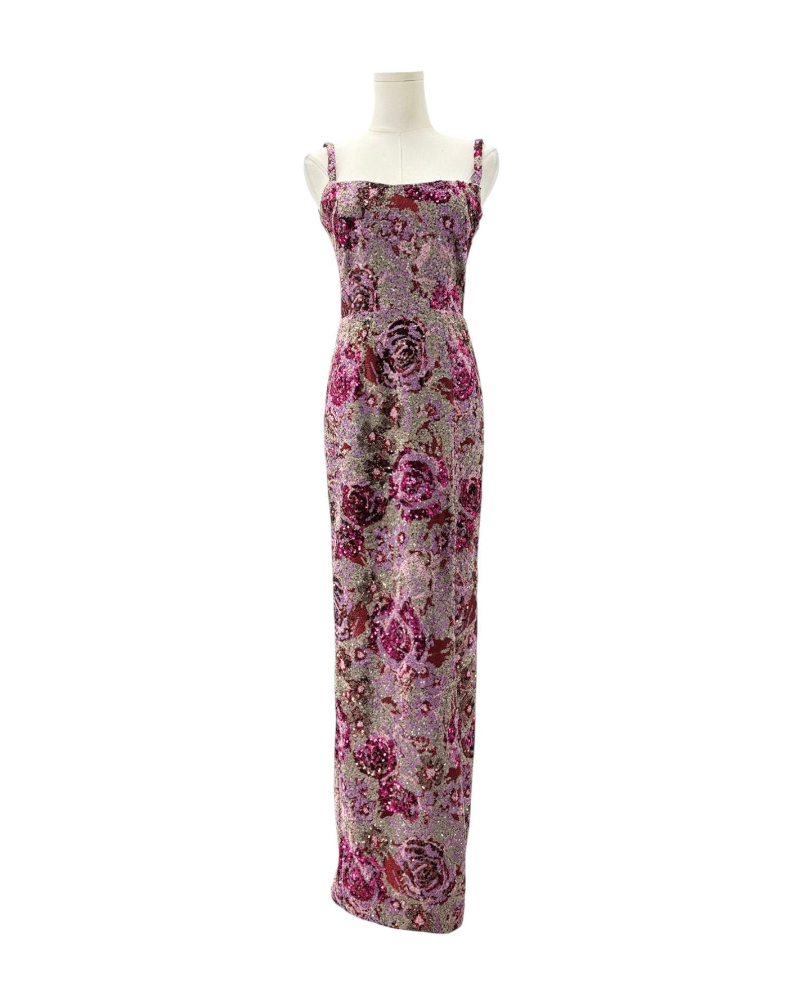 Pink and purple sequin max dress on a white background