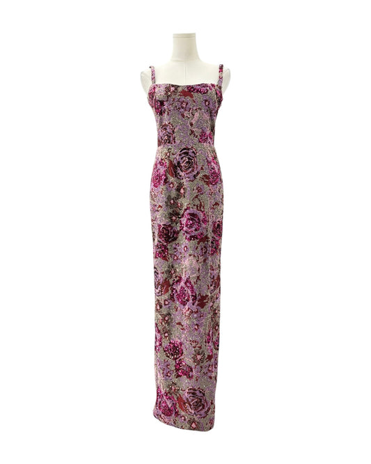 Pink and purple sequin max dress on a white background