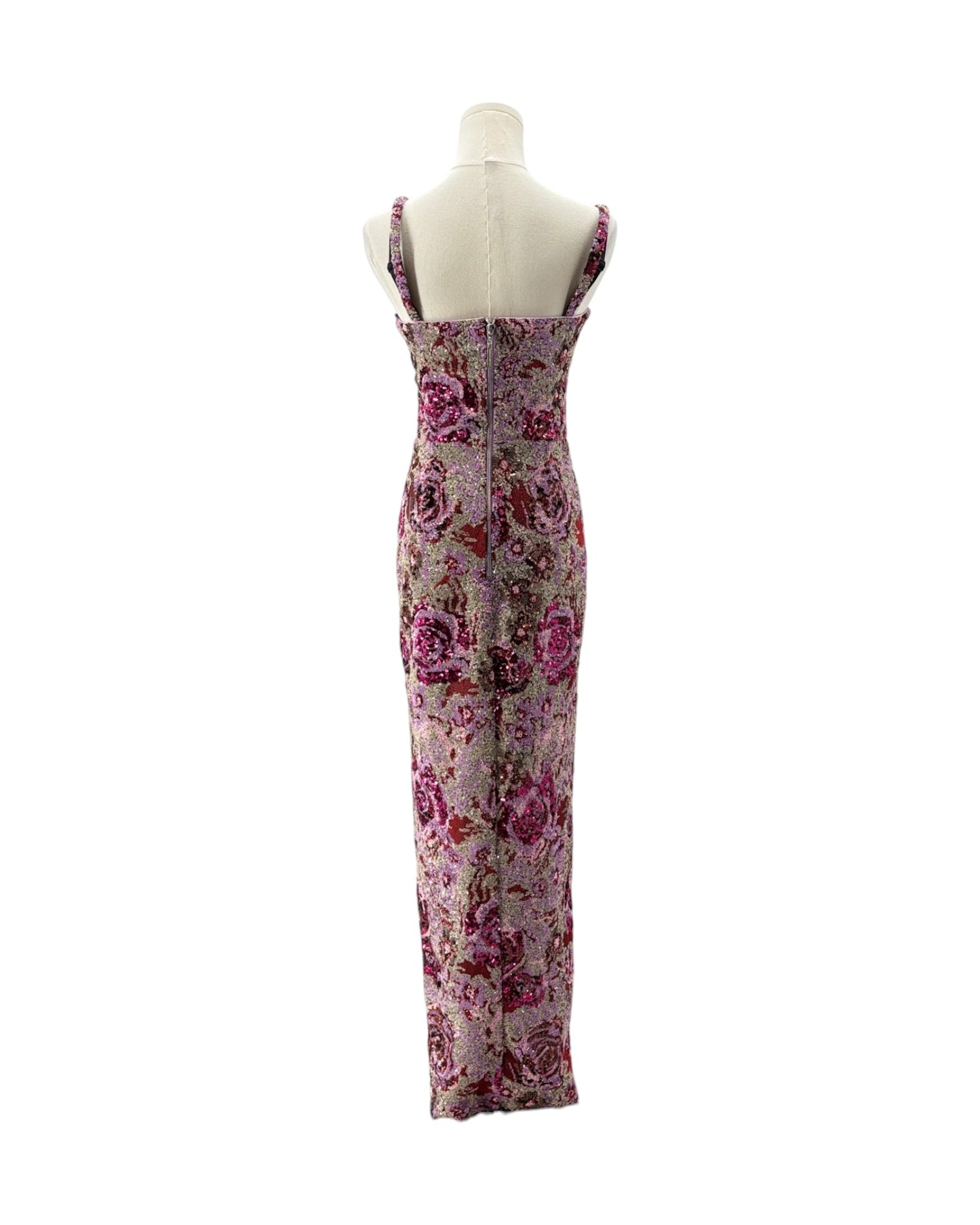 Pink and purple sequin max dress on a white background