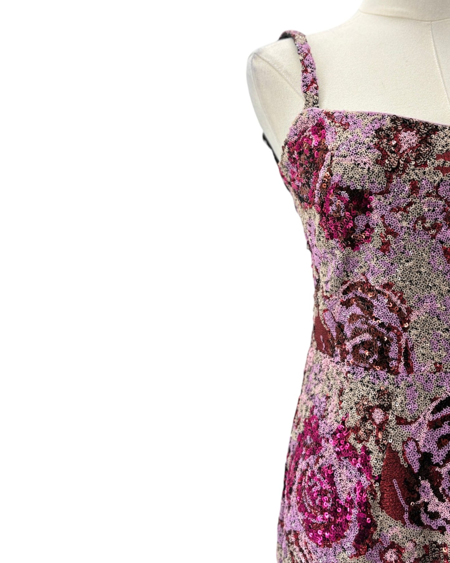 Pink and purple sequin max dress on a white background