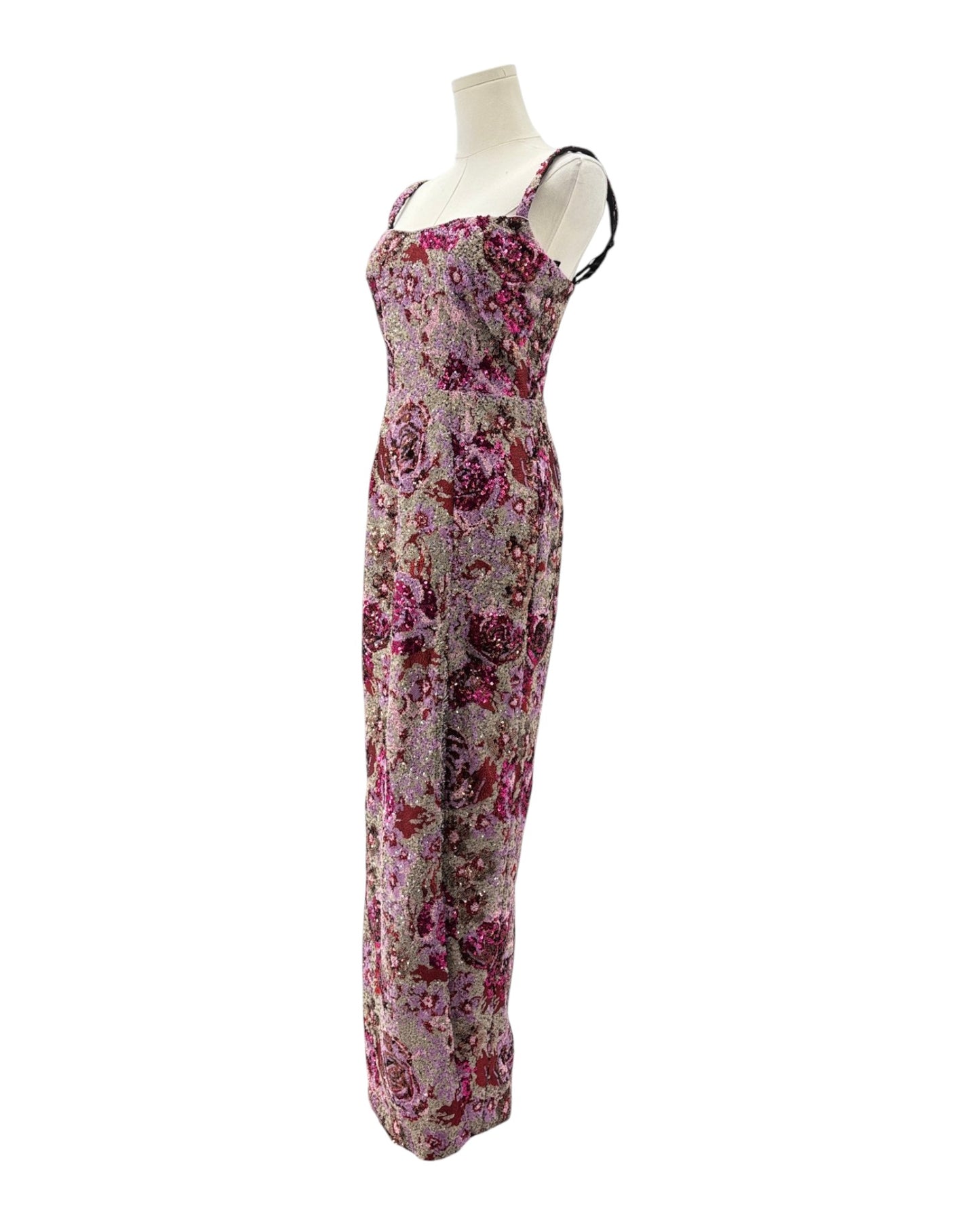 Pink and purple sequin max dress on a white background