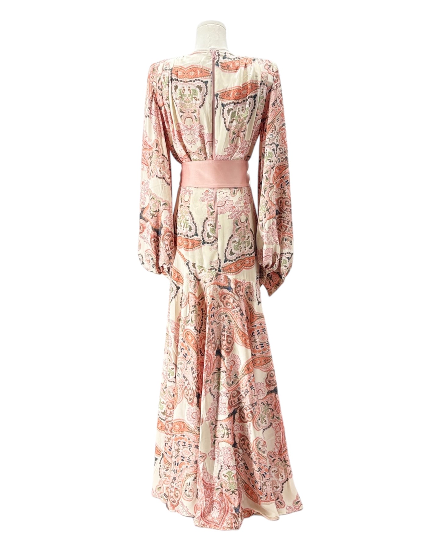 Long-sleeve dress with a floral pattern on a mannequin against a white background