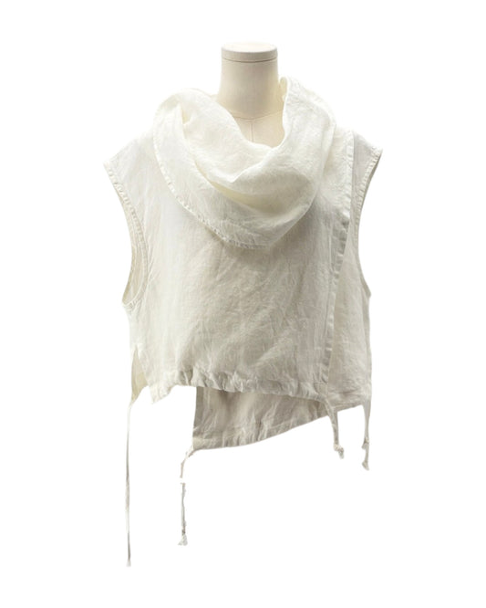 An off-white, lightweight sleeveless top with a draped, cowl-like collar and drawstring ties, displayed on a mannequin torso against a white background.