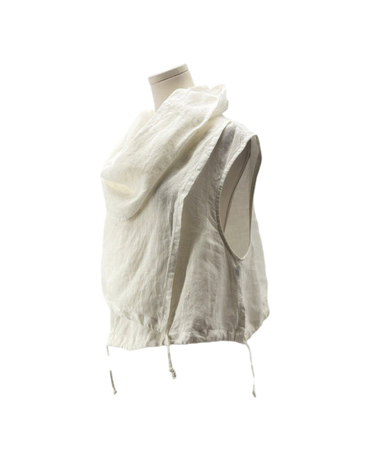 An off-white linen hooded vest displayed on a mannequin torso against a solid white background.