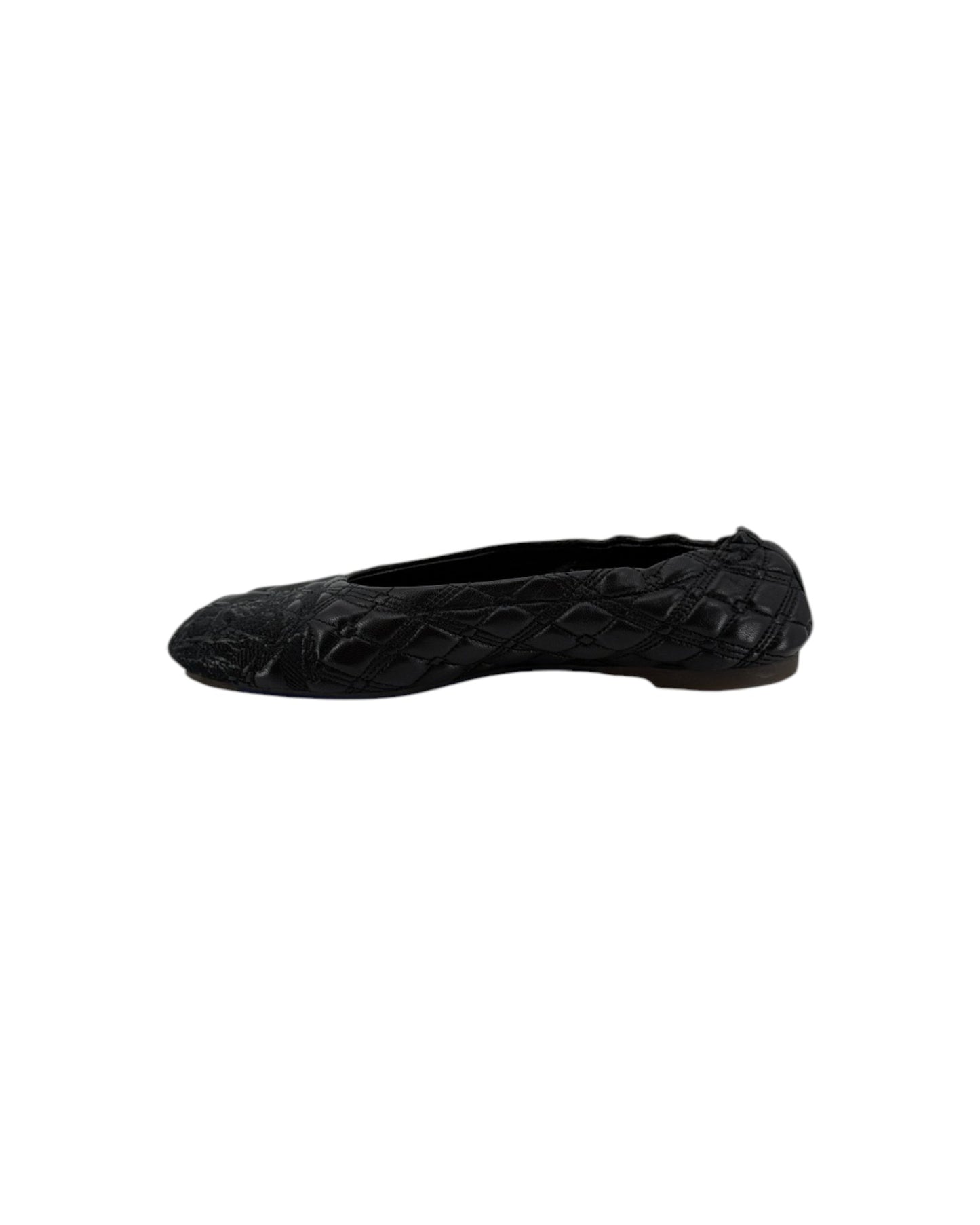 A single black ballet flat shoe with a textured quilted pattern, shown in profile against a plain white background.