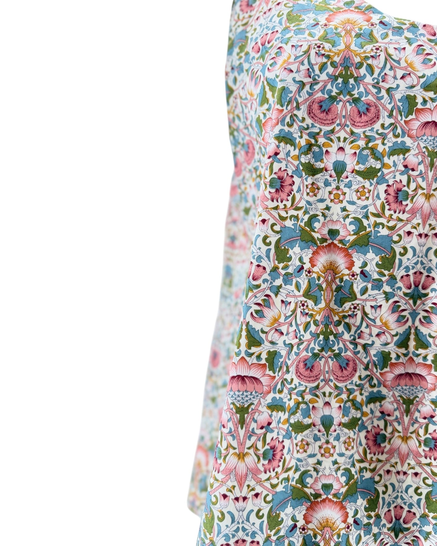 Close-up of a floral patterned fabric with vibrant colors on a white background