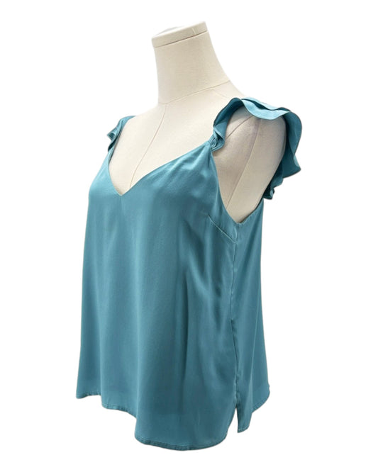 Teal sleeveless top on a mannequin against a white background