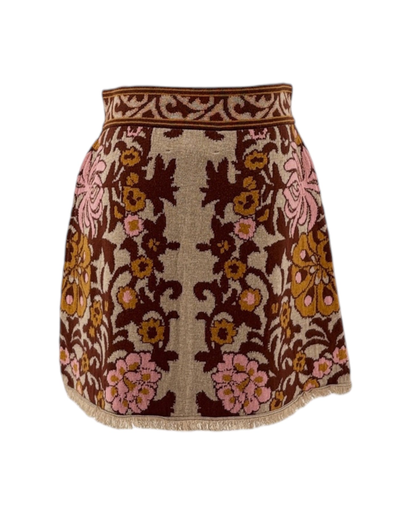 Floral patterned skirt with brown and pink colors on a white background
