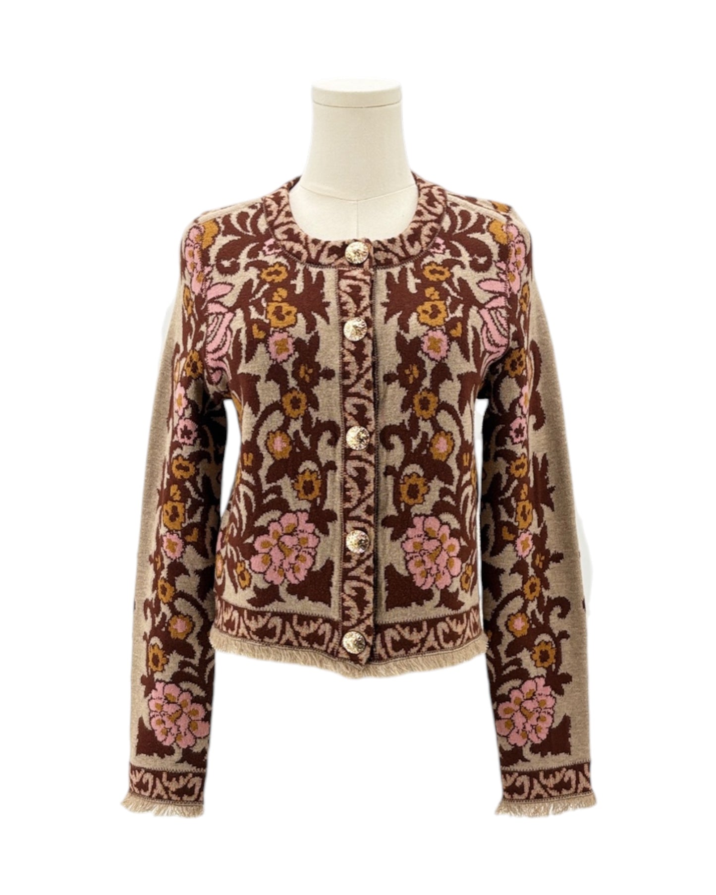 Floral patterned jacket on a mannequin against a white background