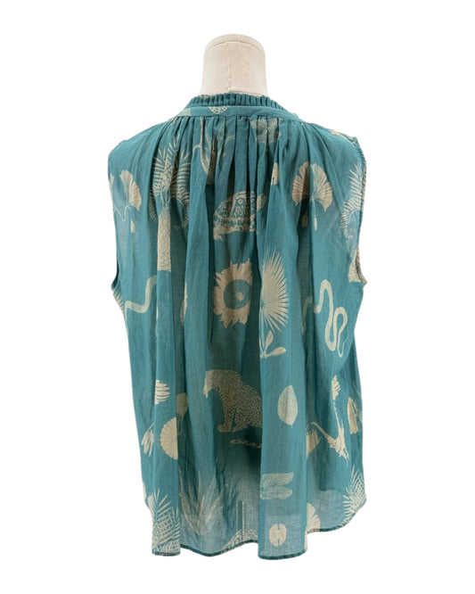 Teal sleeveless top with abstract patterns on a white background